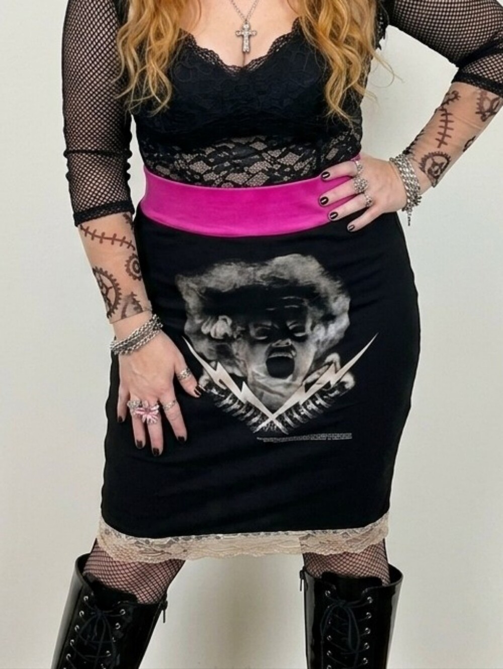 VINTAGE Universal Studios Bride of Frankenstein Midi Skirt Pink Lace Goth Horror